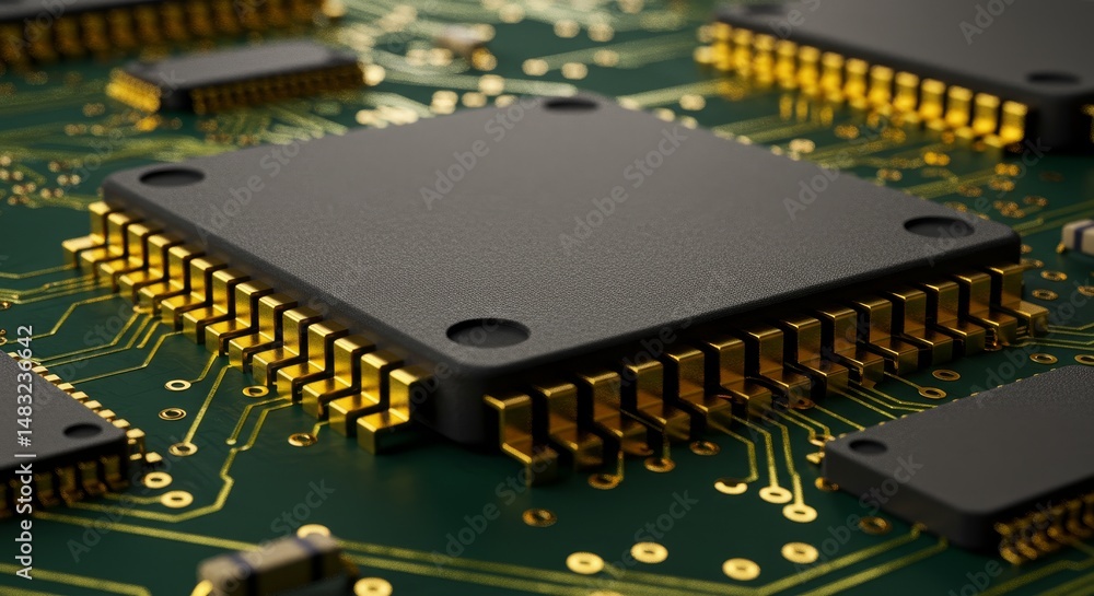 Poster microchip close up on circuit board - high-tech, circuitry, technology, innovation, computing. a det