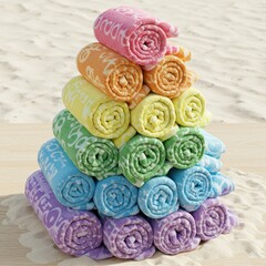 Rainbow Stack of Rolled Beach Towels on Sand