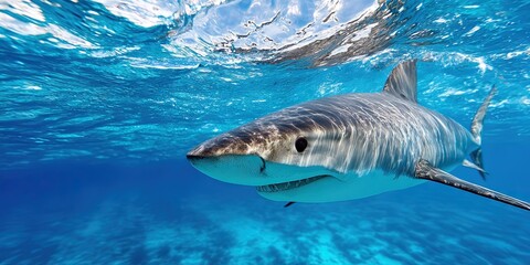 Obraz premium wildlife photo of shark swimming under the surface of the ocean