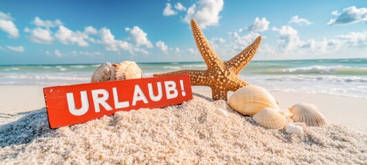 Sommer Urlaub Reise Tourismus Hintergrund - Rotes Schild mit dem deutschen Text: Urlaub,  im Sand am Strand mit Meer im Hintergrund