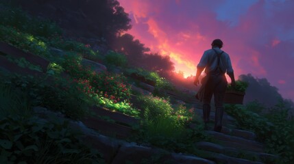 Obraz premium Man walking up a stone path towards a vibrant sunset amidst blooming flowers in a serene landscape