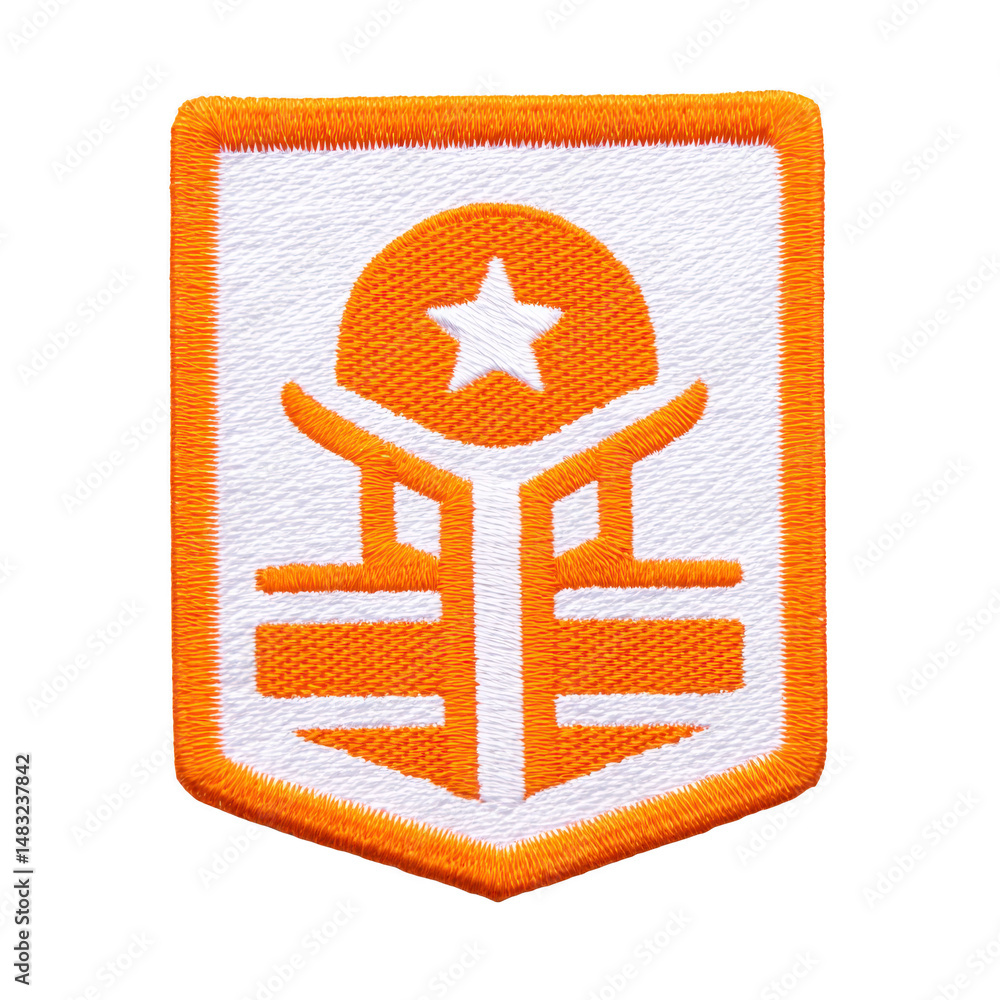 Poster this is embroidered patch featuring abstract design with star and geometric shapes in orange and whi