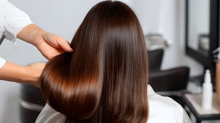A professional stylist carefully smoothing and styling a client's long, shiny brown hair in a modern, well-lit salon setting with sleek furniture