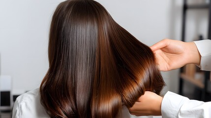 Fototapeta premium A woman with long, shiny brown hair is being styled by a professional hairstylist in a modern salon setting demonstrating meticulous care and attention to detail