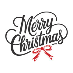 Merry Christmas Hand-Drawn Typography with Red Bow – Festive Black & White Calligraphy