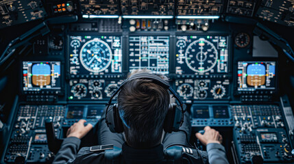 Fototapeta premium A pilot operates a modern airplane cockpit, surrounded by illuminated controls, gauges, and digital flight instruments.