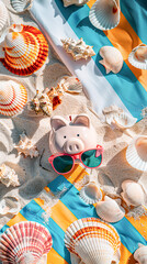A piggy bank with sunglasses sits on sandy beach with seashells and a colorful towel, evoking summer vacation savings.