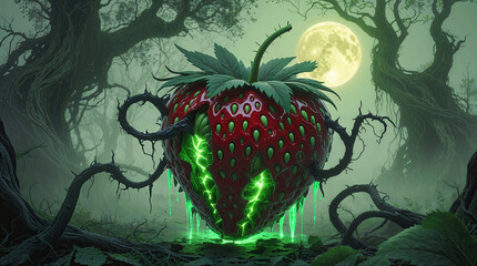 Glowing radioactive strawberry zombie fruit with green slime dripping in haunted forest under full moon with creepy trees and vines at night, halloween theme
