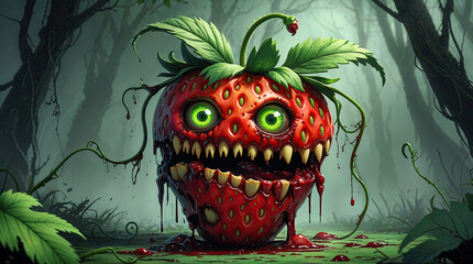 a scary strawberry zombie with big green eyes and sharp teeth, blood dripping from its mouth, emerging from a dark forest, creating a spooky and eerie Halloween atmosphere