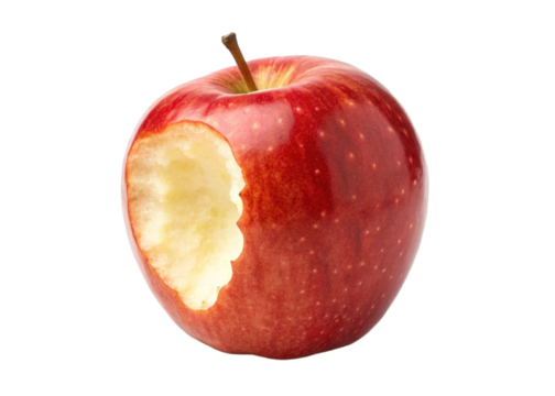 A bitten red apple with clean teeth marks isolated on a transparent background.