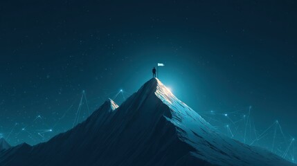 Victorious climber atop a mountain peak under a starry night sky, signifying achievement and digital progress