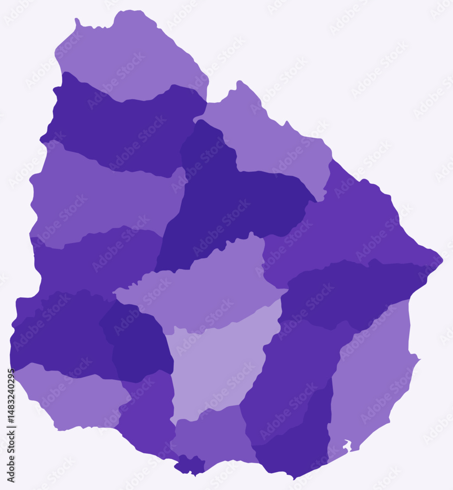 Poster map of uruguay with regions. just a simple country border map with region division. deep purple colo
