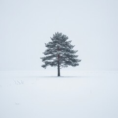 Fototapeta premium Solitary Pine Tree in Snowy Winter Landscape