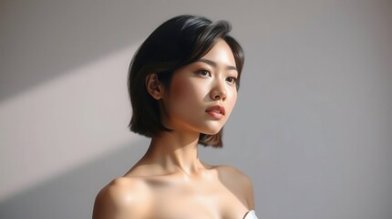 Obraz premium Beautiful Young Asian Woman with Short Hair Portrait