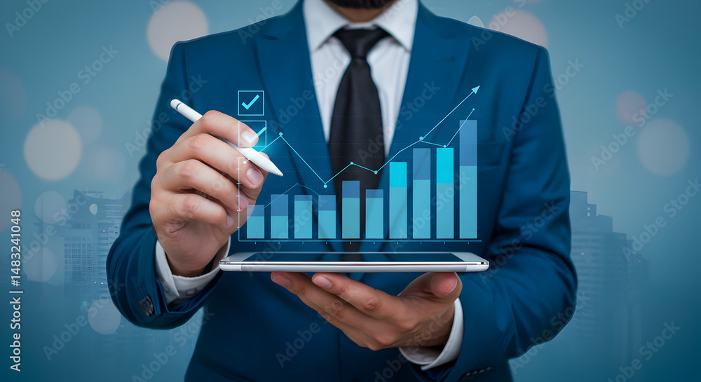 Poster midsection of man in blue suit drawing on digital tablet displaying growing blue bar graph overlays 