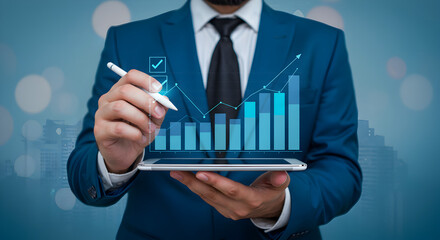 Midsection of Man in Blue Suit Drawing on Digital Tablet Displaying Growing Blue Bar Graph Overlays with Bokeh Background