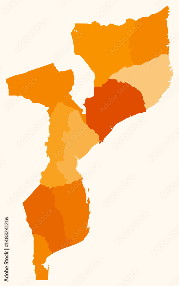 Poster map of mozambique with regions. just a simple country border map with region division. orange color 