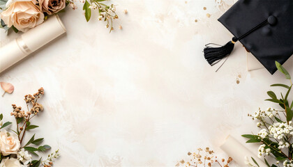 Flat lay of graduation cap, diploma scrolls, and elegant flowers arranged around a beige textured background, perfect for academic celebration themes.
