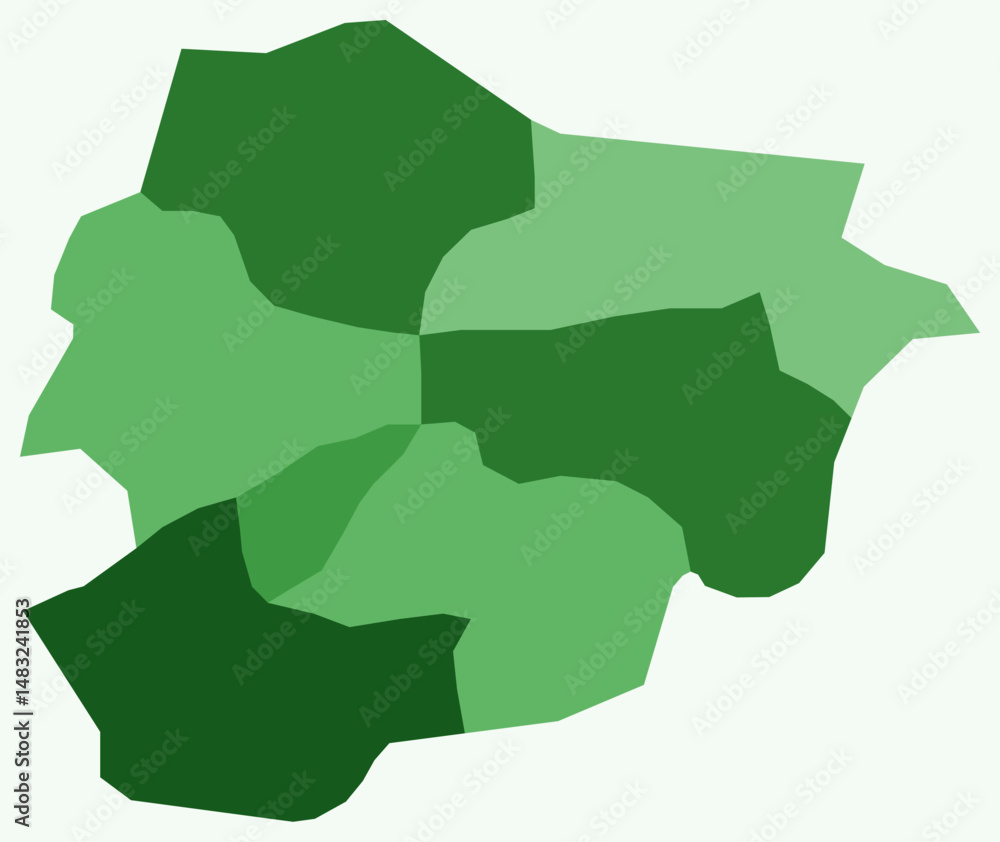 Poster map of andorra with regions. just a simple country border map with region division. green color pale
