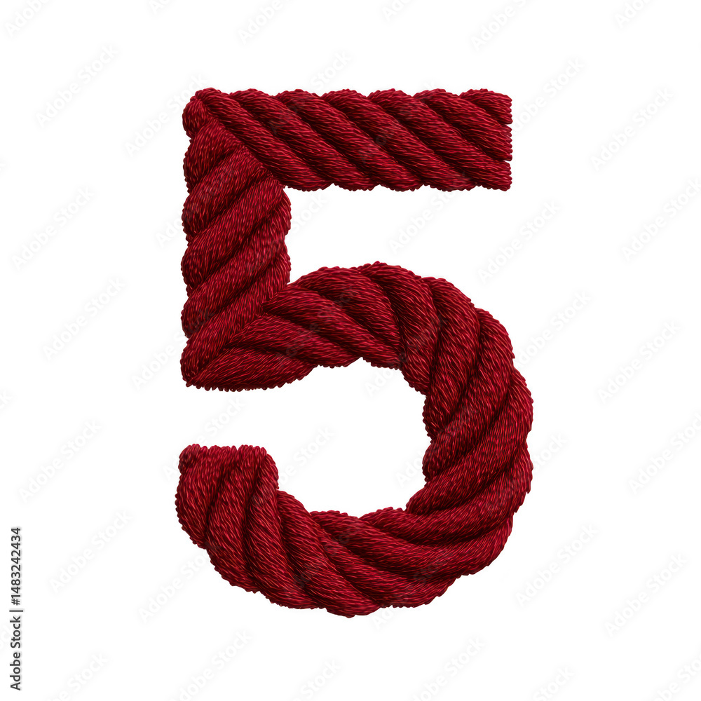 Poster red rope is intricately twisted to form number five, showcasing textured and artistic design. bold a