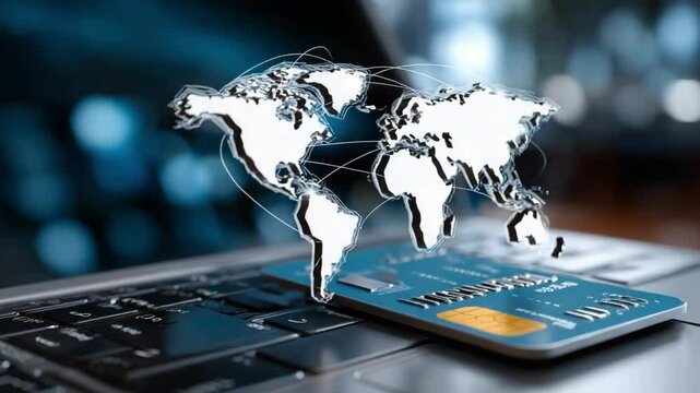 Digital Global Commerce: A stylized depiction of global commerce, showing a credit card superimposed with a world map, symbolizing online transactions and international trade.