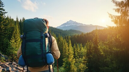 Scenic mountain landscape with hiker backpacking through a forest adventure and exploration