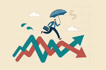 Survive and thrive in stock market volatility investment, risk management or overcome market fluctuation, uncertainty or financial challenge concept, businessman with umbrella run on volatile graph.