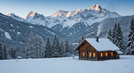 Fototapeta premium Mountain Cabin Winter Wonderland - A cozy wooden cabin nestled in a snowy mountain valley at sunrise. Perfect for winter holiday themes