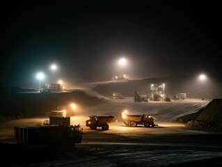 Heavy machinery at a snowy construction site at night.