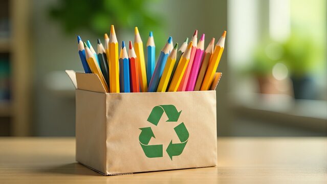 Colored Pencils In A Recycling Box