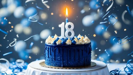 Happy birthday card showcasing navy cake, number candle, and festive blue and white embellishments - Powered by Adobe