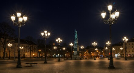 Fototapeta premium Night Scene in European City Square - Tranquil night scene of a European city square illuminated by ornate lampposts, featuring a statue in the center