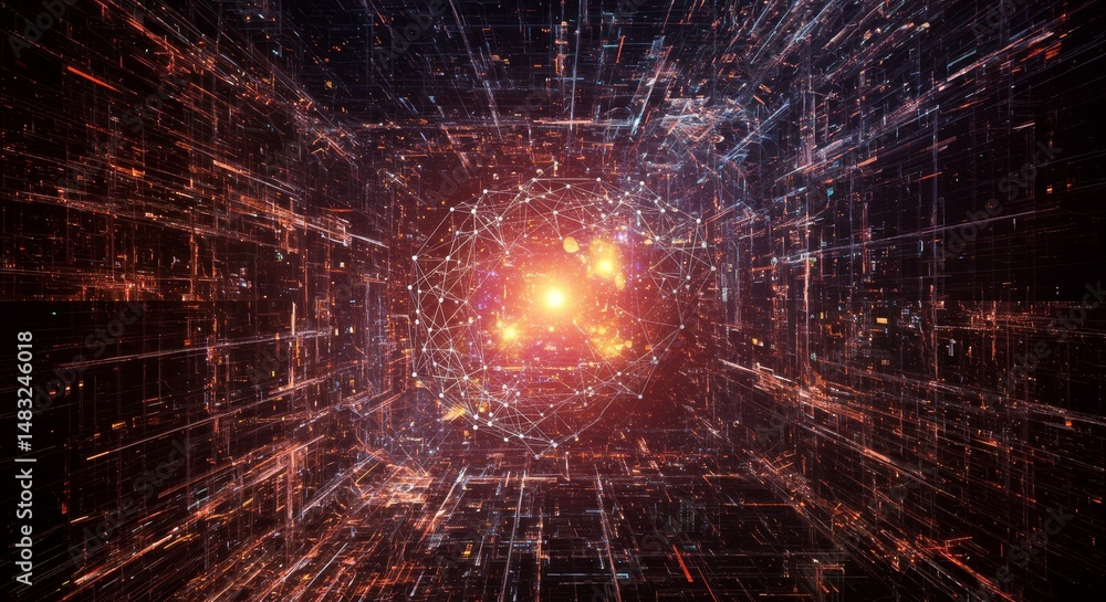 Poster network corridor - abstract depicting a glowing network within a corridor, showcasing connectivity a