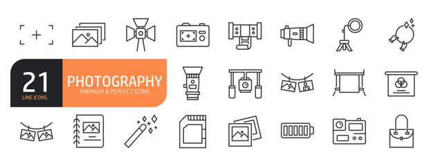 Set of line icons related to photography, photo camera, gallery, and more. Outline icons collection. Editable stroke. Vector illustration.
