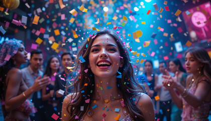 Obraz premium Confetti Celebration: A young woman with long brown hair beams with joy, surrounded by a shower of colorful confetti at a vibrant party.