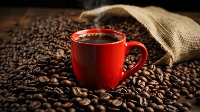 Hot coffee in a red mug with a background of scattered coffee beans on the table