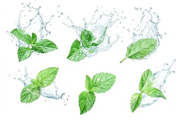 Fresh mint leaves with water splash isolated on a white background for culinary use