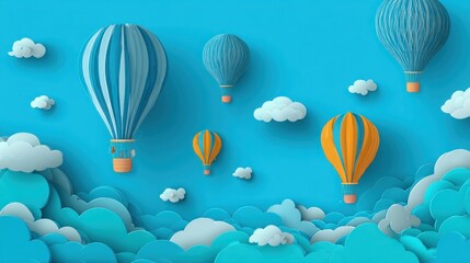 Obraz premium Colorful hot air balloons floating above fluffy clouds
