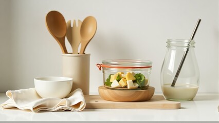 Salad In Glass Jar, Wooden Utensils