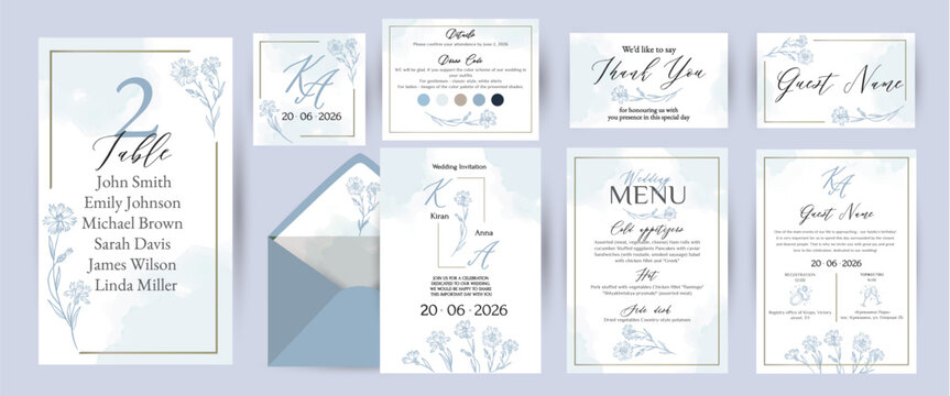 Botanical blue design set of invitation cards and other printing. Illustration design for invitation, cover, poster, dress code and menu.