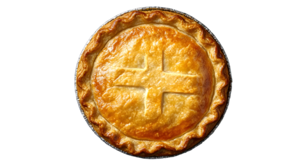 Overhead shot of a golden brown baked pie with a crimped crust in a metal tin on a black background