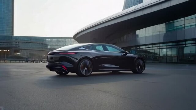 A futuristic car is parked in front of a large building. The car is black and has a sleek design. The building behind the car is also large and has a modern look. Concept of innovation and progress