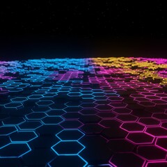 Obraz premium Glowing Neon Hexagon Pattern on Dark Background