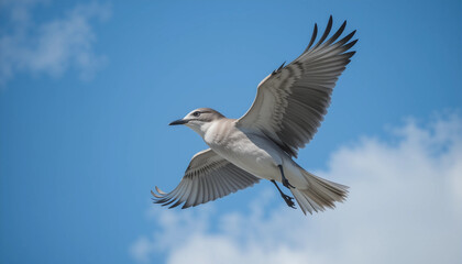 Fototapeta premium Seagull in Flight: A graceful seagull soars through a vibrant blue sky, its wings outstretched against a backdrop of fluffy white clouds.