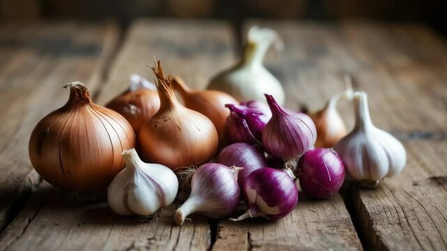 Garlic, Shallot, and Onion Arranged on a Table for Culinary Use