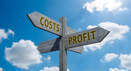 Fototapeta premium Weathered Gray Signpost Showing Costs and Profit Against a Bright Blue Sky with Scattered White Clouds at Daytime