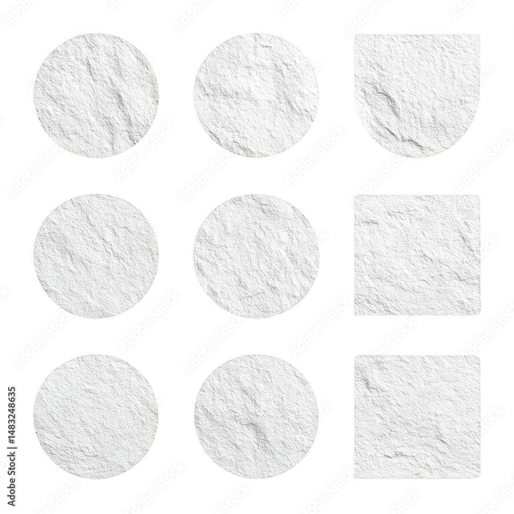 Poster white textured paper shapes including circles, squares, and shield shape are arranged on transparenc
