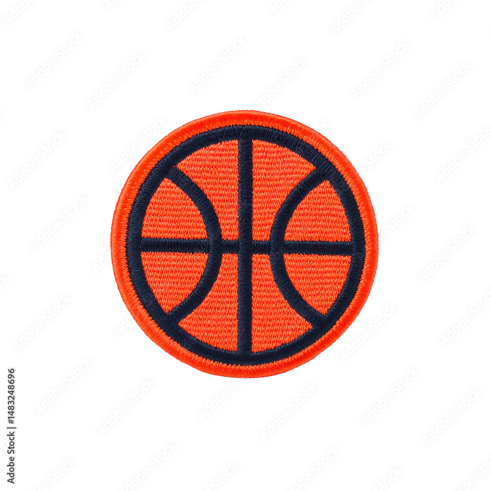 Poster this features round embroidered patch with basketball design, showcasing orange background with blac