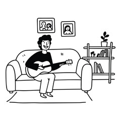 happy-man-sitting-on-sofa-and-playing-guitar-in-li1.eps