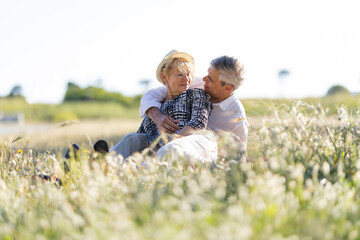 Fototapeta premium Happy retired couple enjoying a sunny day in nature, embracing in a meadow